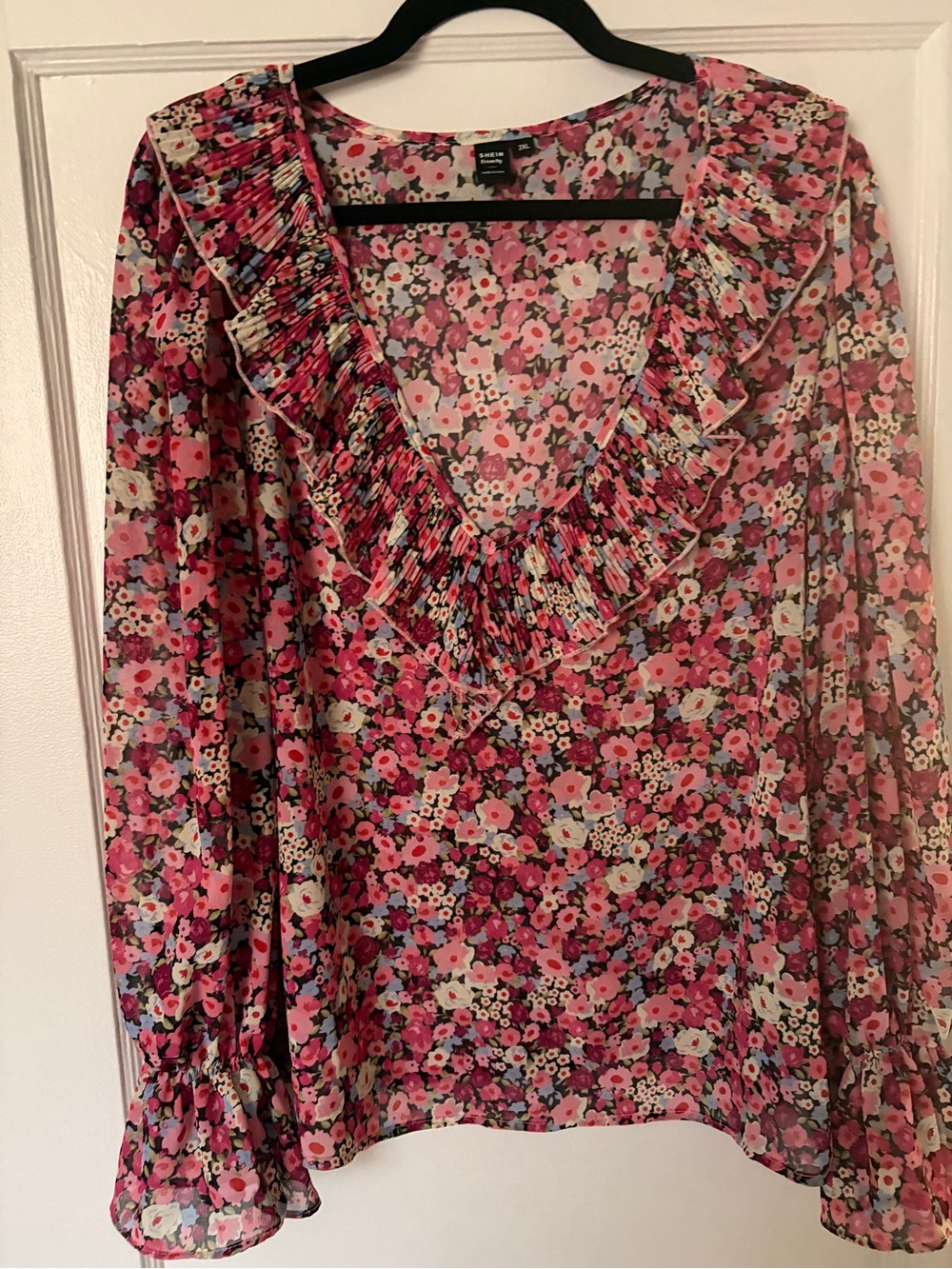 SHEIN Pink Floral Ruffle V-Neck Blouse